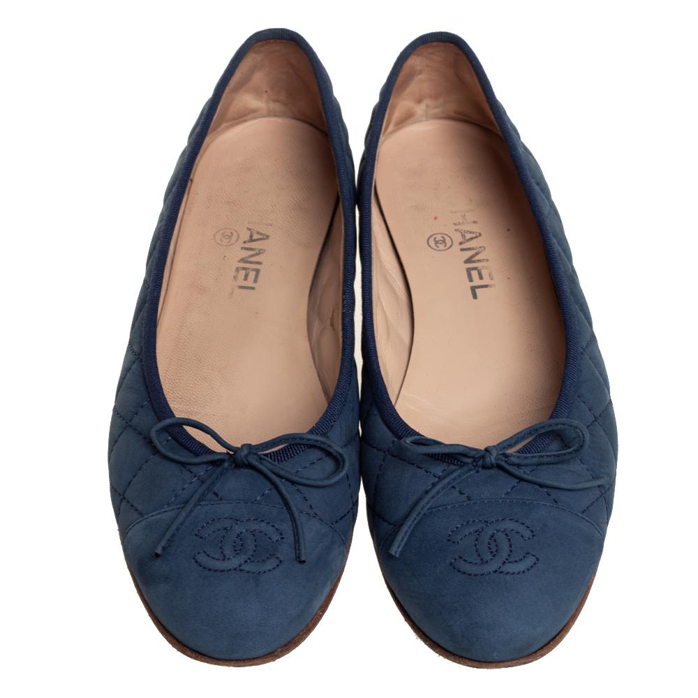 Black Chanel Blue Quilted Leather Ballet Flats Size 39