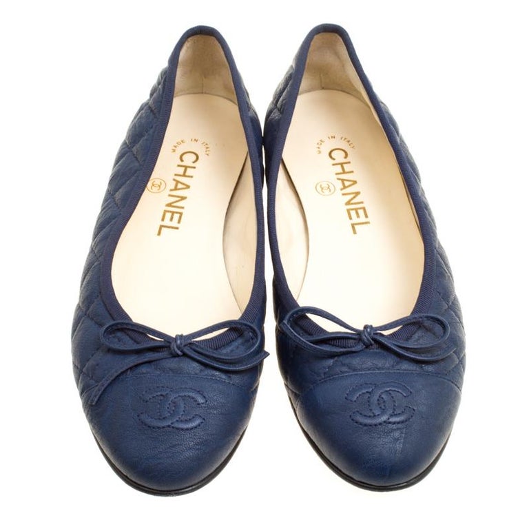 Chanel Blue Quilted Leather CC Bow Ballet Flats Size 36.5 at 1stDibs