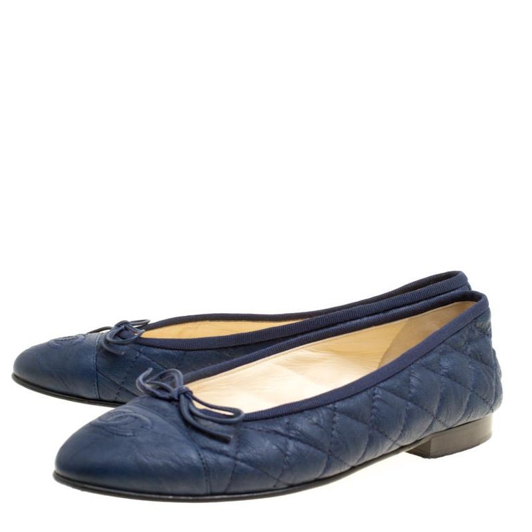 Chanel Blue Quilted Leather CC Bow Ballet Flats Size 36.5 at 1stDibs