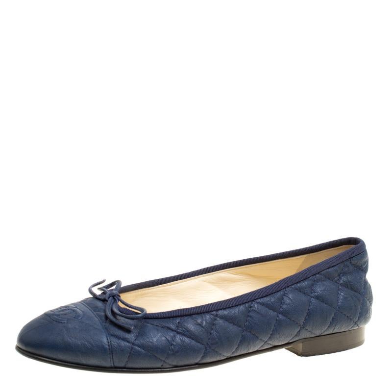 Chanel Blue Quilted Leather CC Bow Ballet Flats Size 36.5 at 1stDibs