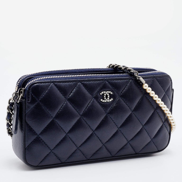 Chanel Blue Quilted Leather CC Double Zip Chain Clutch For Sale at