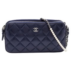 Chanel Blue Quilted Leather CC Double Zip Chain Clutch
