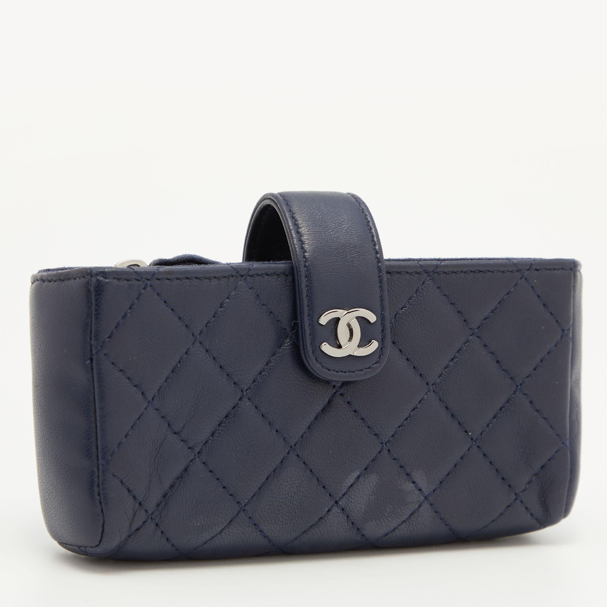 Black Chanel Blue Quilted Leather CC Phone Pouch