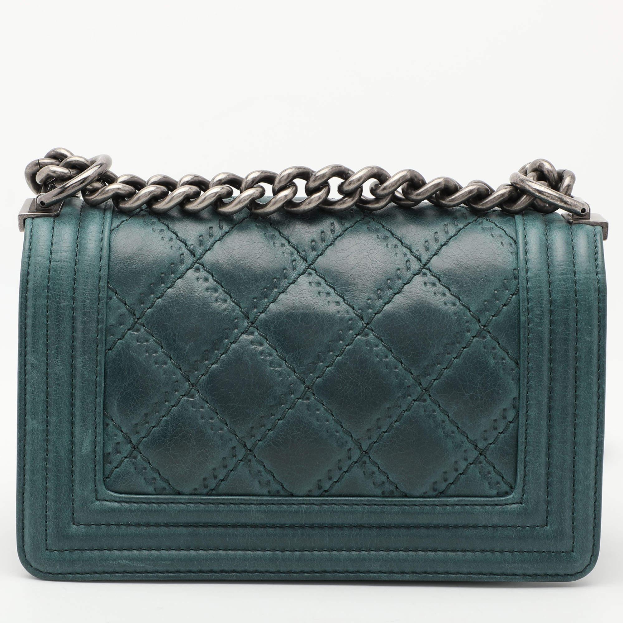 Chanel Blue Quilted Leather Double Stitch Small Boy Bag For Sale at 1stDibs