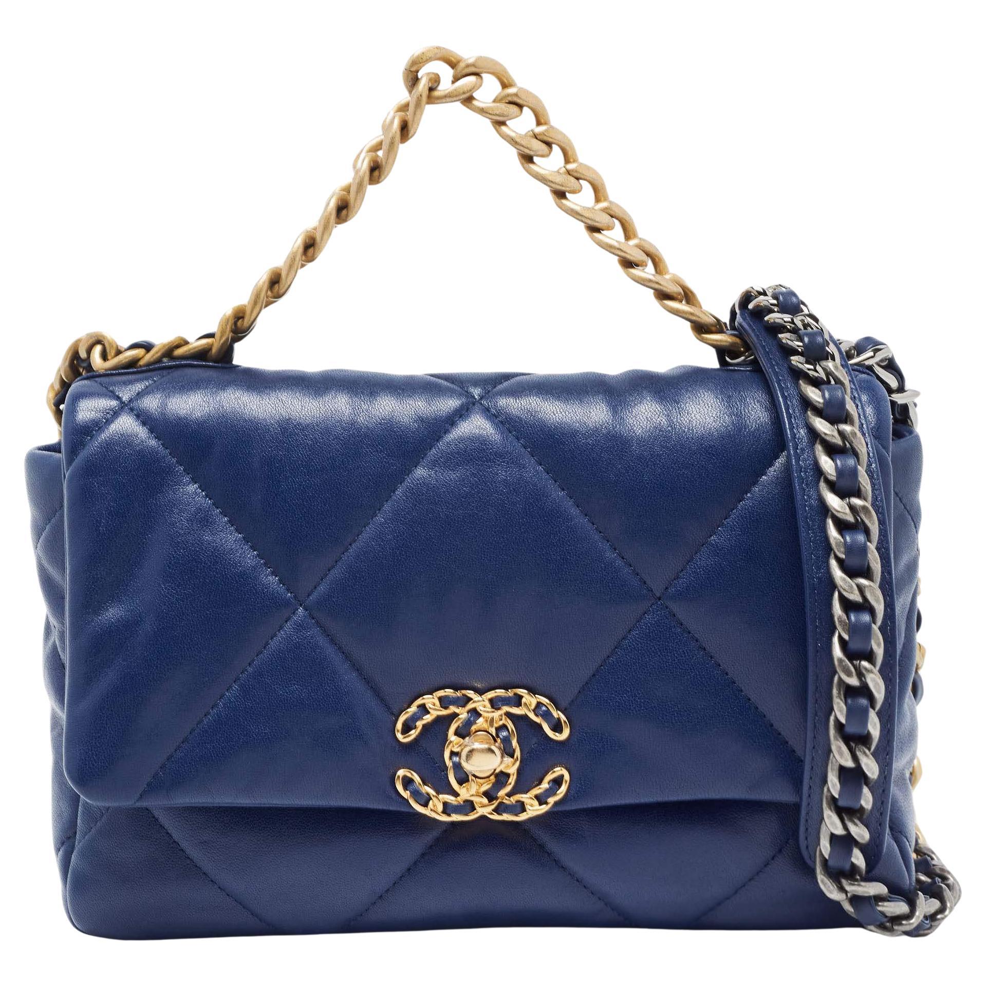 Chanel Blue Quilted Leather Medium 19 Flap Bag For Sale