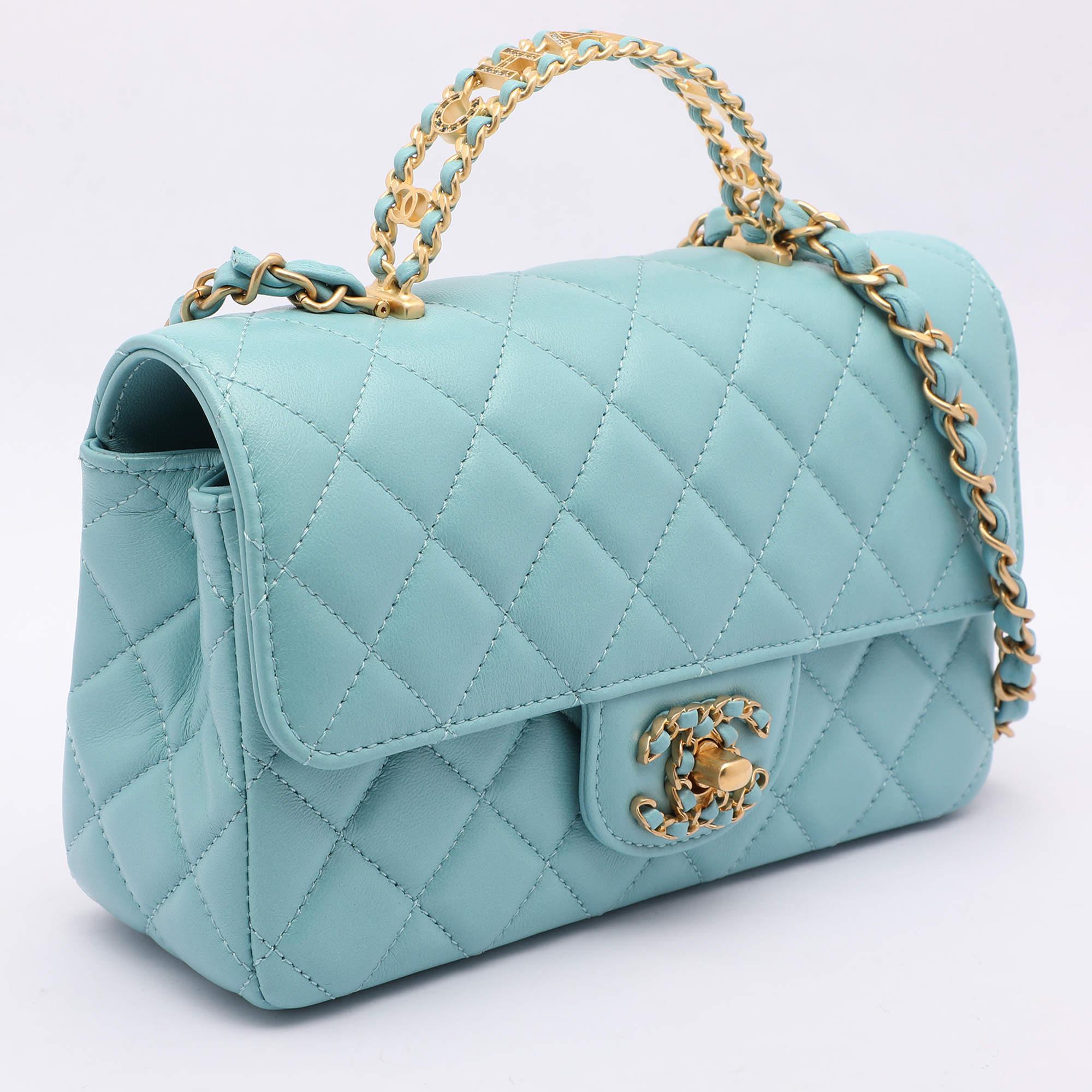 Chanel Blue Quilted Leather Mini Strass On Flap Top Handle Bag In New Condition In Dubai, Al Qouz 2