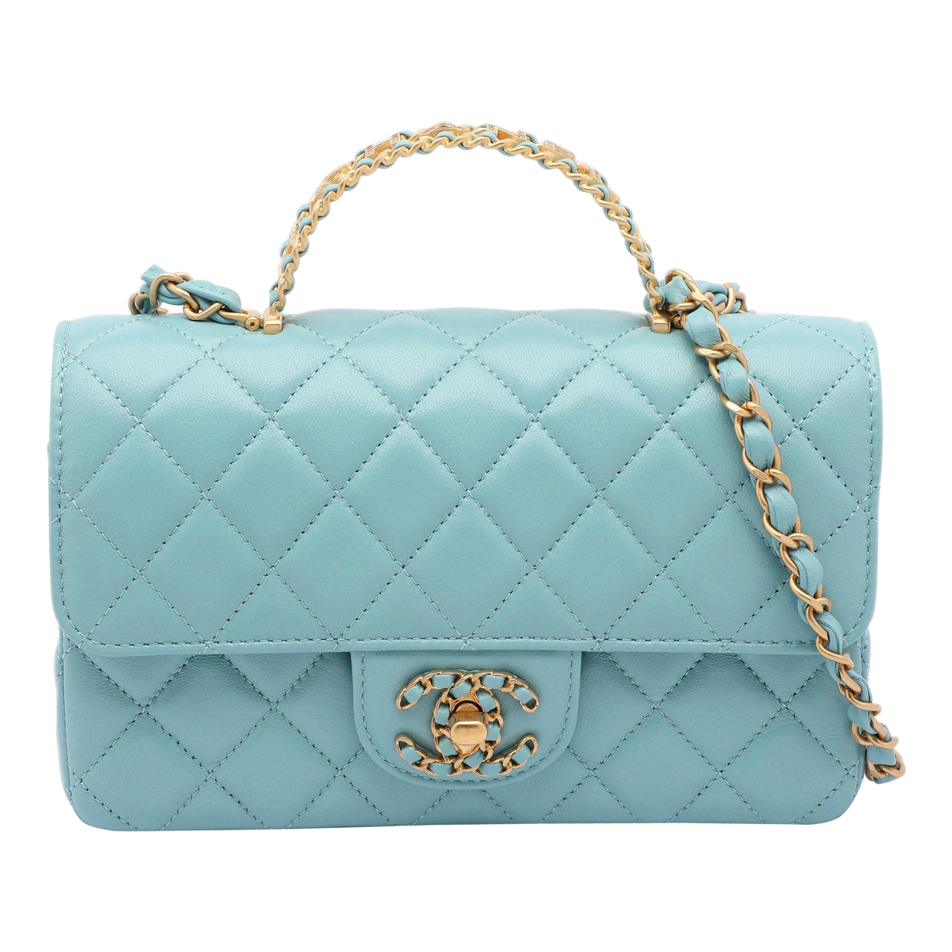 Chanel Blue Quilted Leather Mini Strass On Flap Top Handle Bag
