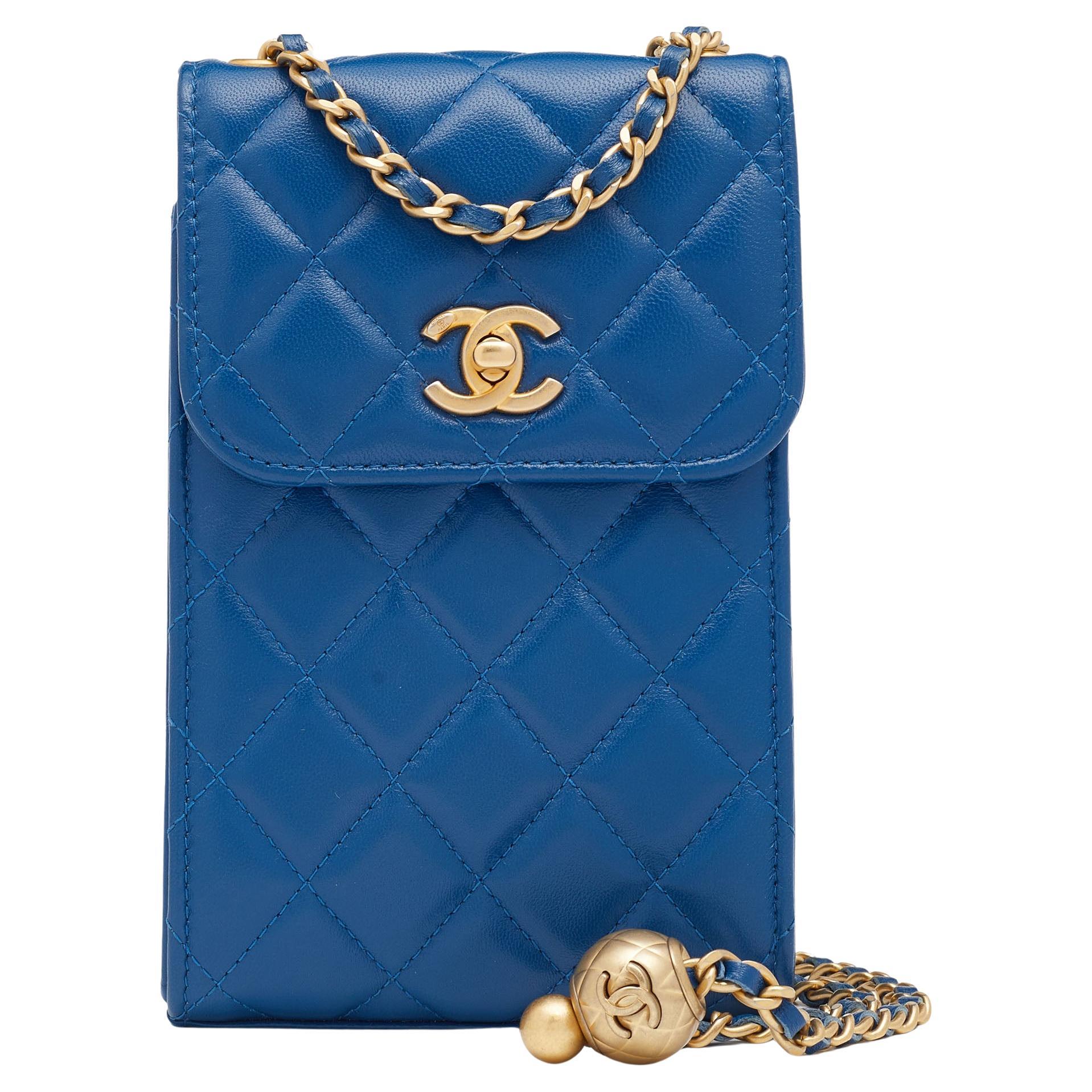 Chanel Blue Quilted Leather Pearl Crush Phone Holder Crossbody