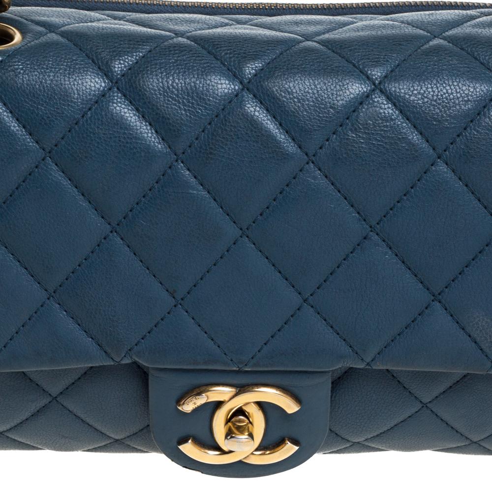 Chanel Blau Gestepptes Leder Reißverschluss Tasche zurück Klappe Tasche 4