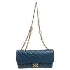 Chanel Blue Quilted Leather Zip Back Pocket Flap Bag