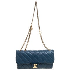 Chanel Blue Quilted Leather Zip Back Pocket Flap Bag