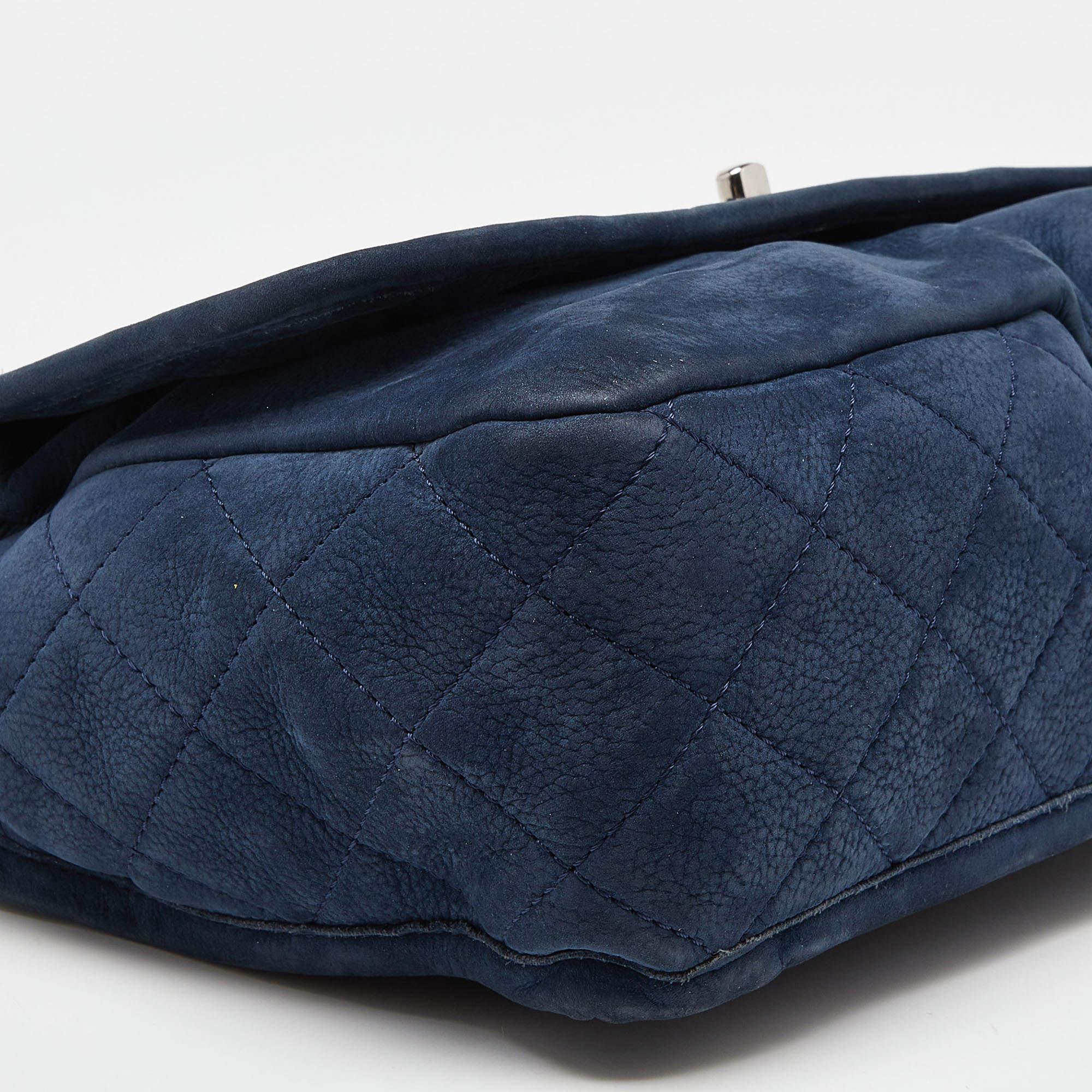 Chanel Blue Quilted Nubuck Leather Large Split Pocket Flap Bag For Sale 6