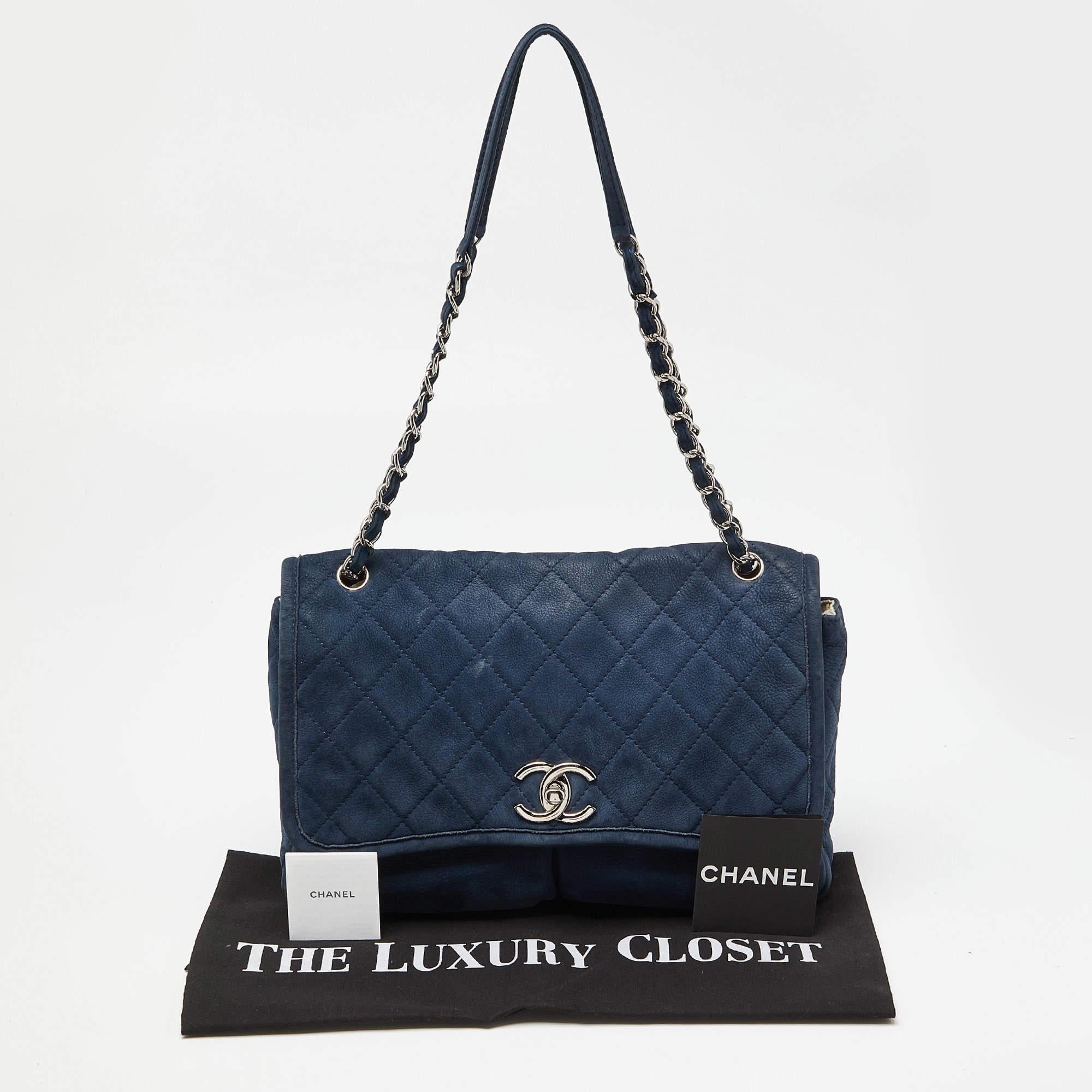 Chanel Blue Quilted Nubuck Leather Large Split Pocket Flap Bag For Sale 8