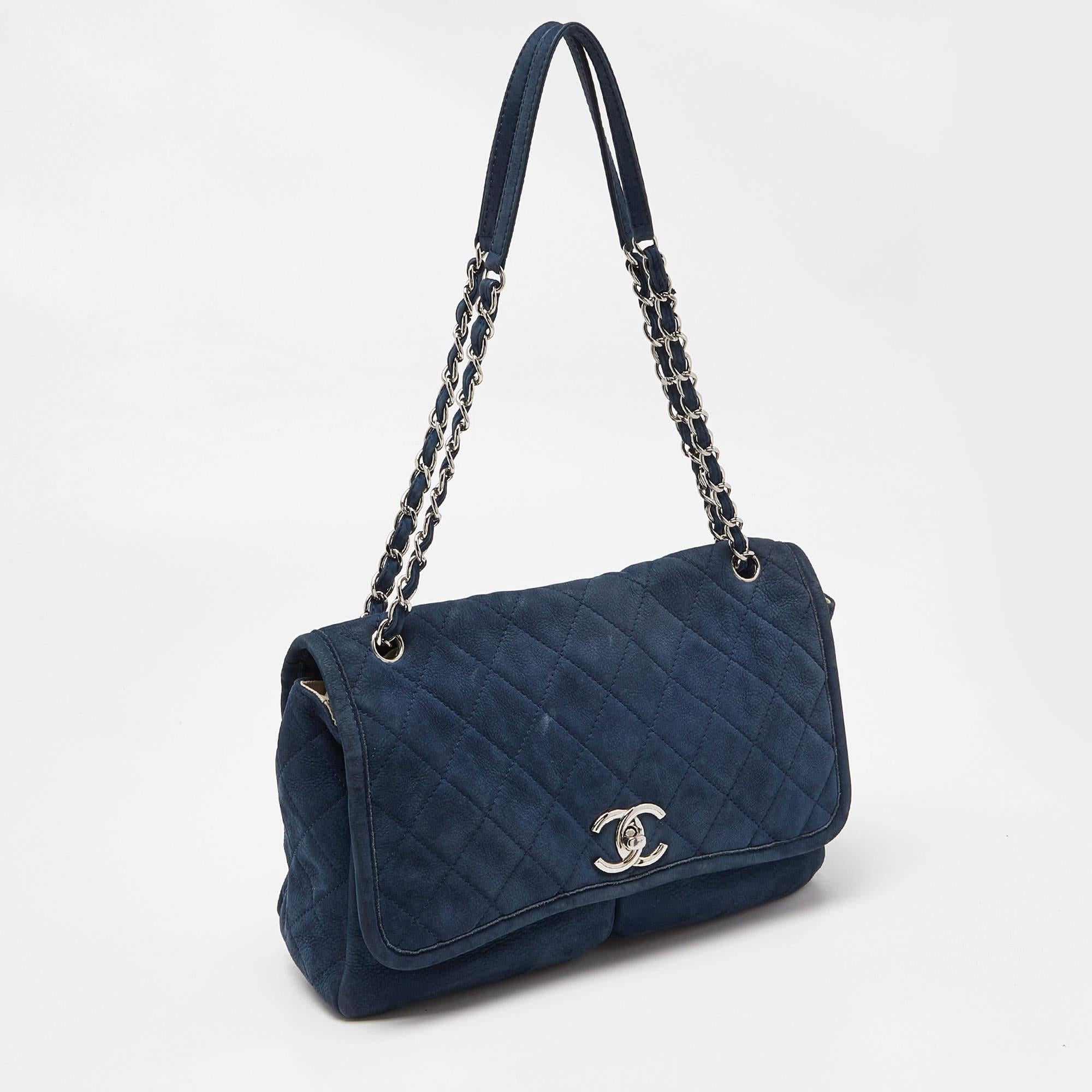 Black Chanel Blue Quilted Nubuck Leather Large Split Pocket Flap Bag
