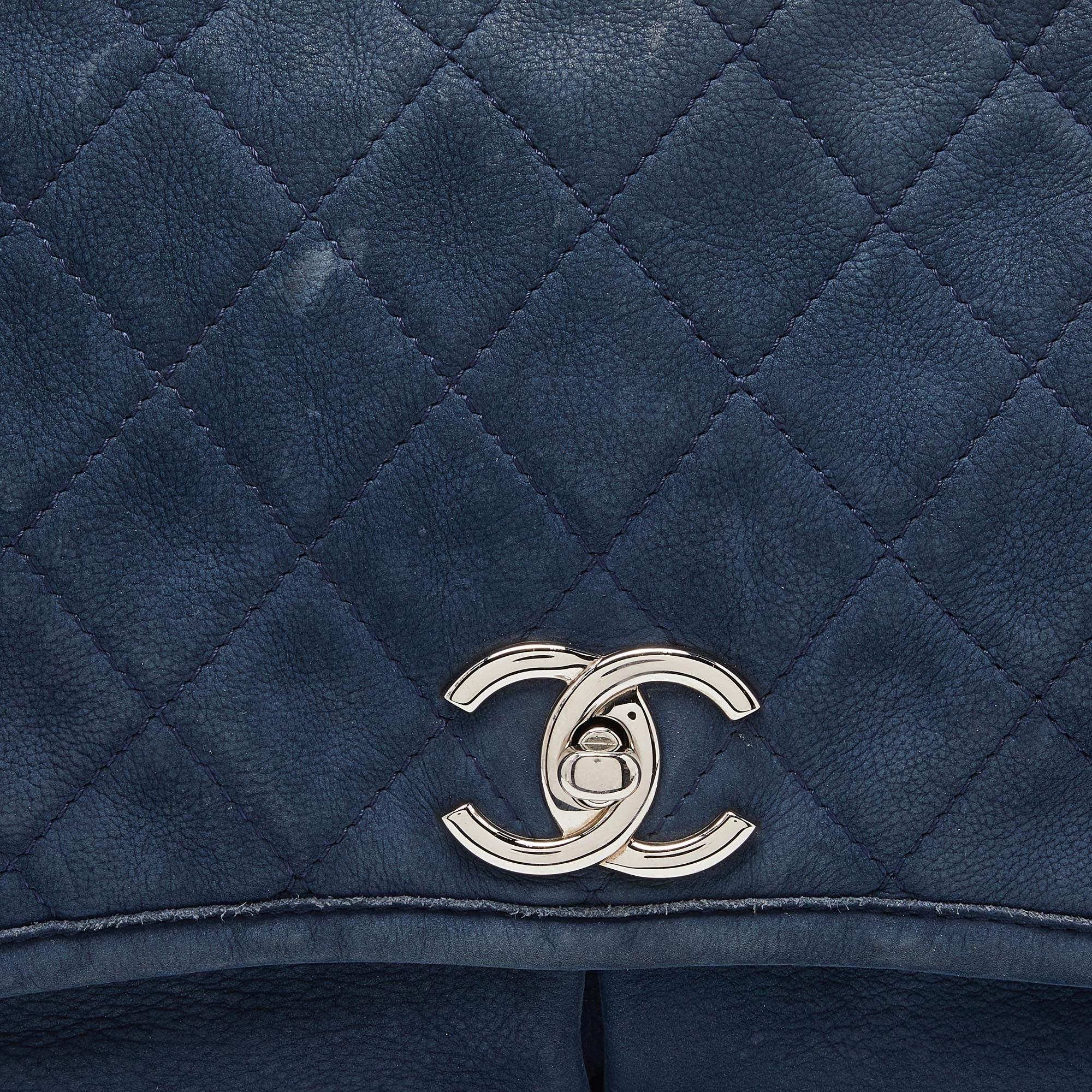 Women's Chanel Blue Quilted Nubuck Leather Large Split Pocket Flap Bag For Sale