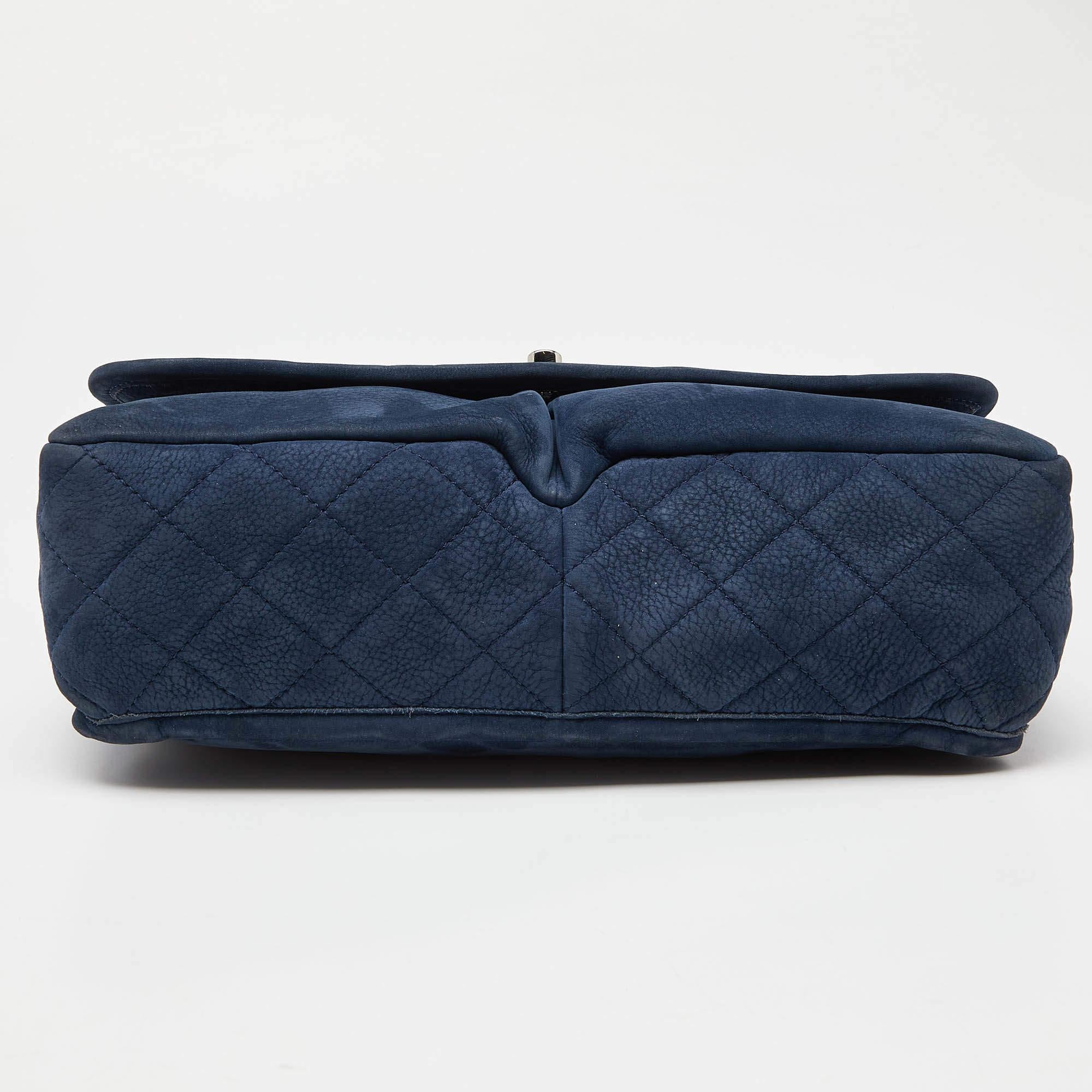 Chanel Blue Quilted Nubuck Leather Large Split Pocket Flap Bag For Sale 2
