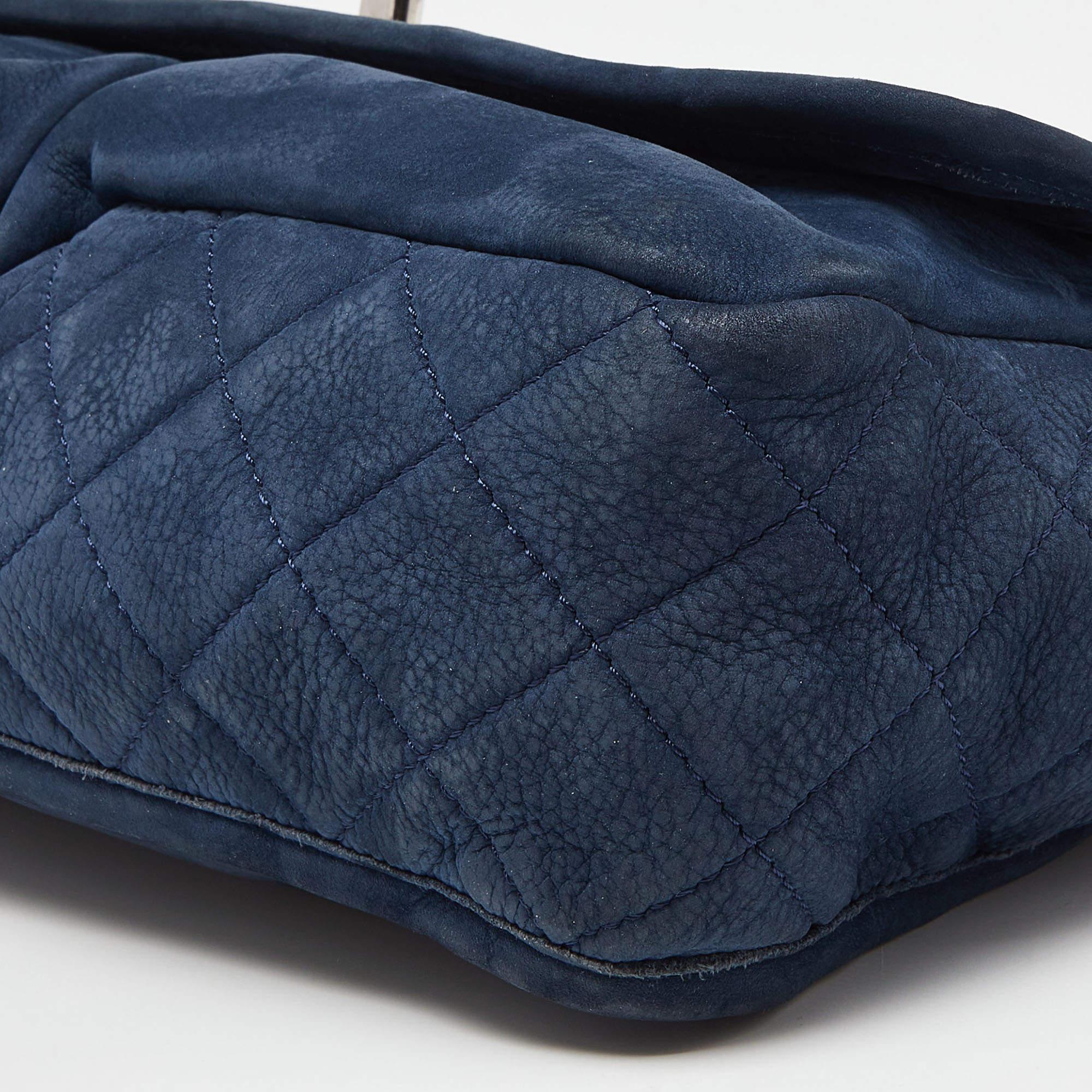 Chanel Blue Quilted Nubuck Leather Large Split Pocket Flap Bag For Sale 4