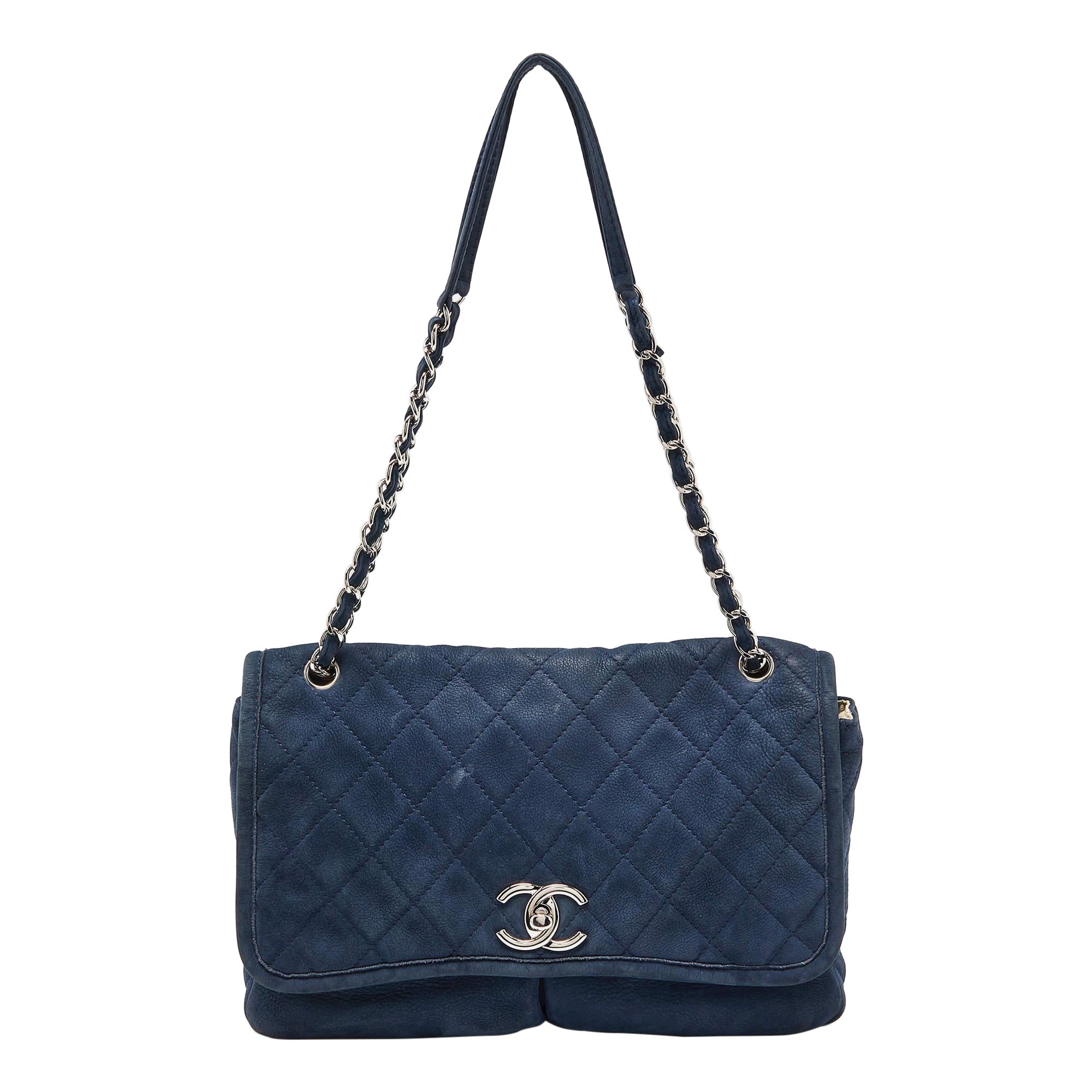 Chanel Blue Quilted Nubuck Leather Large Split Pocket Flap Bag