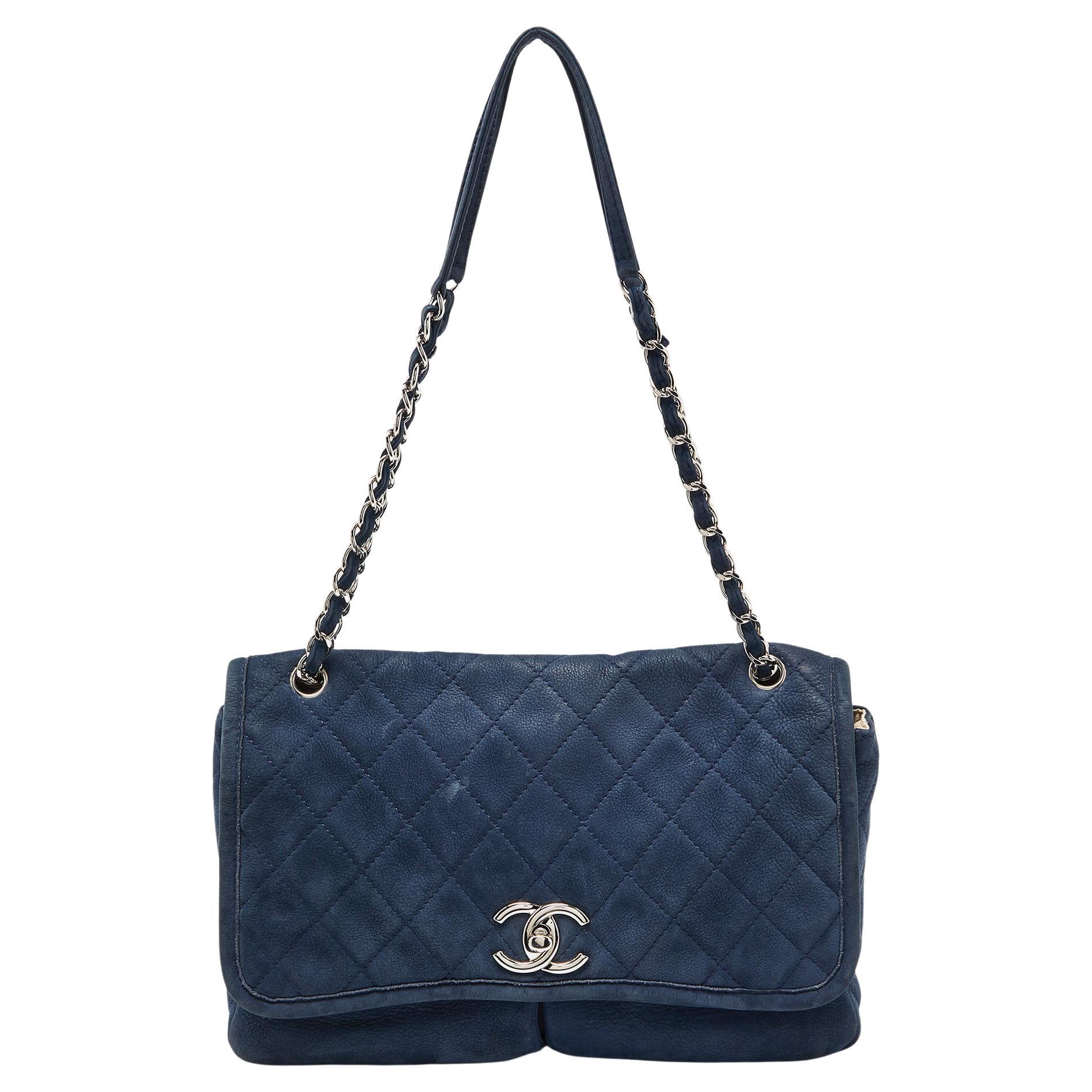 Chanel Blue Quilted Nubuck Leather Large Split Pocket Flap Bag For Sale