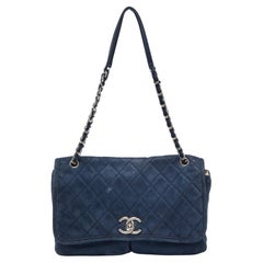 Chanel Blue Quilted Nubuck Leather Large Split Pocket Flap Bag