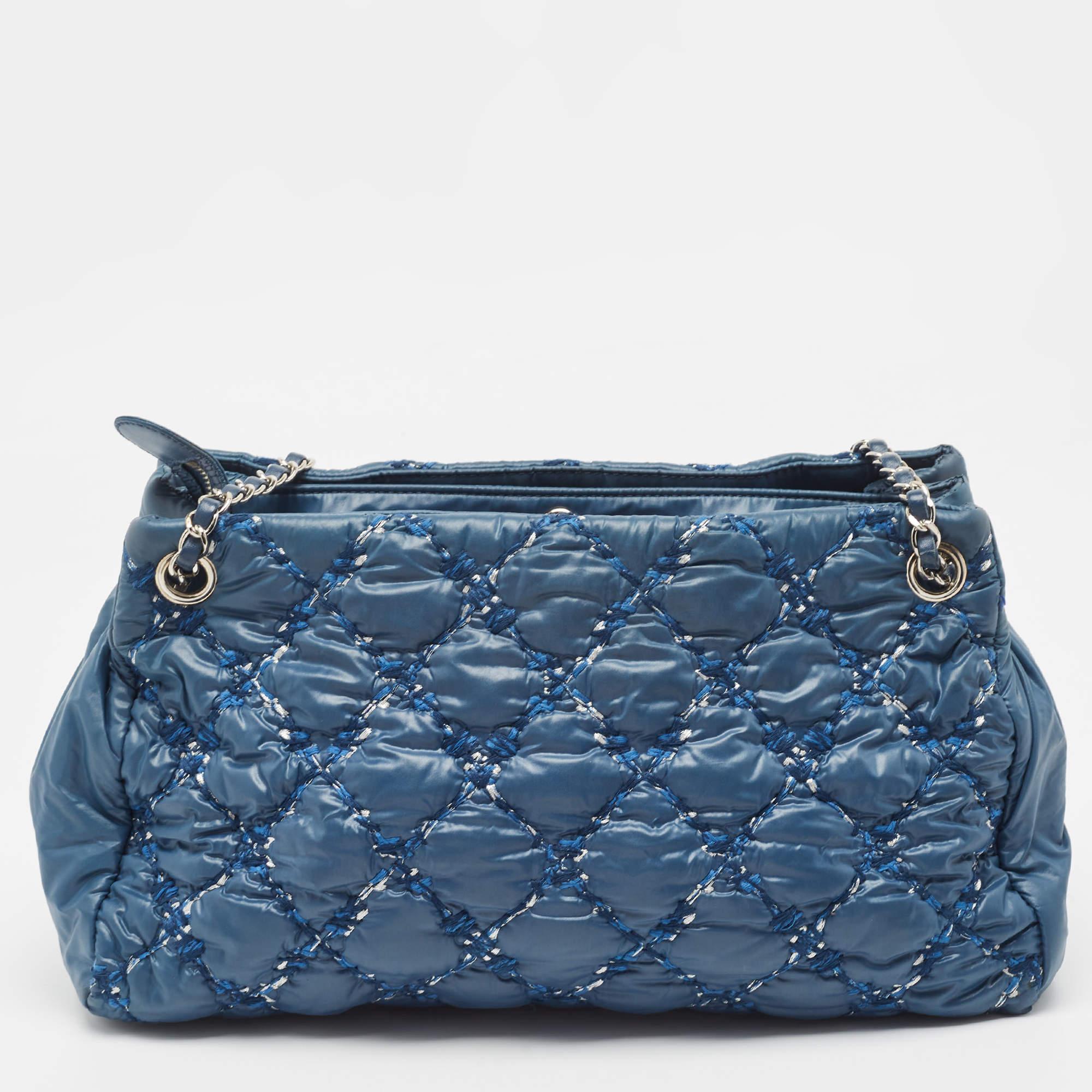 Chanel Blue Quilted Nylon and Tweed Ultra Stitch Bubble Tote For Sale 4