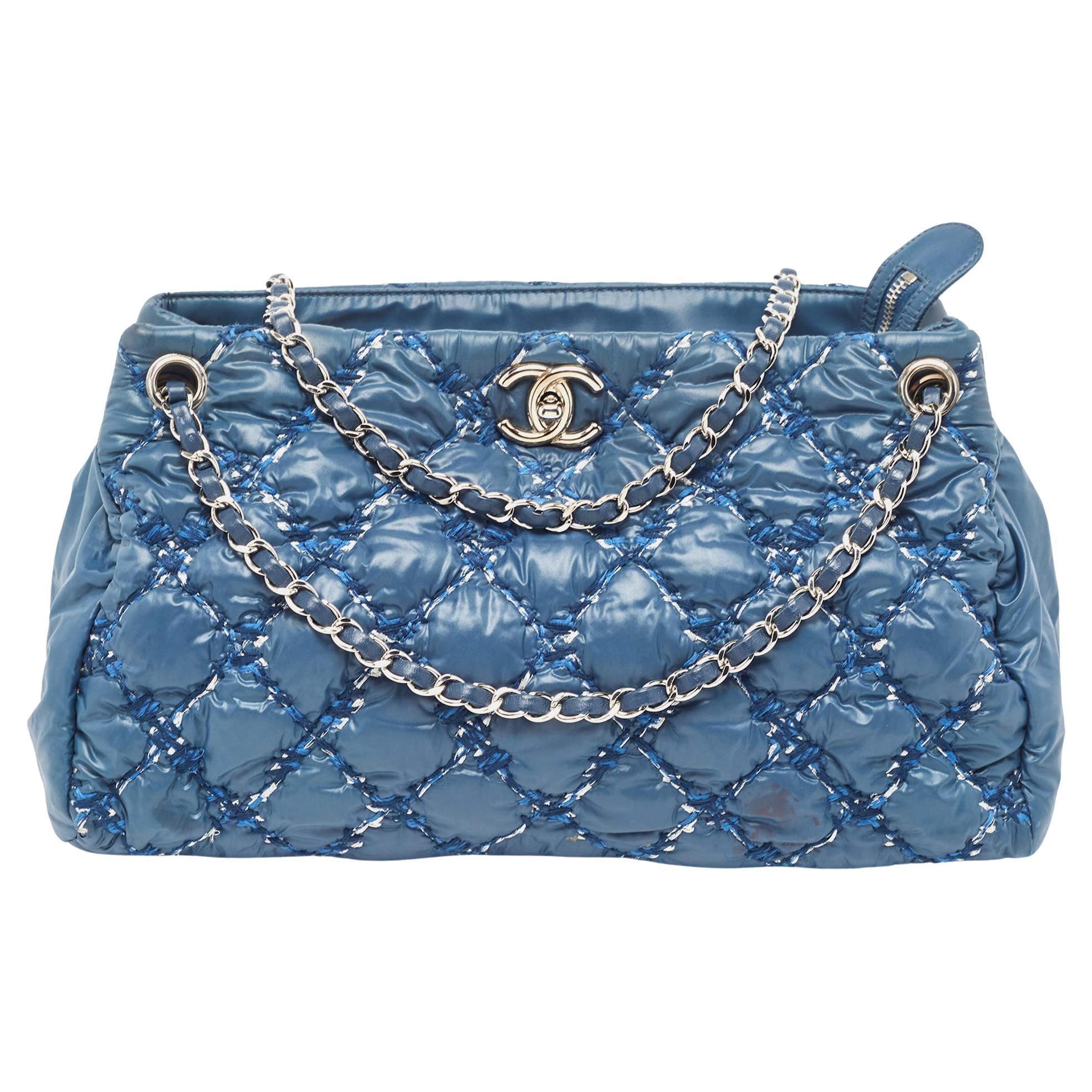Chanel Blue Quilted Nylon and Tweed Ultra Stitch Bubble Tote For Sale