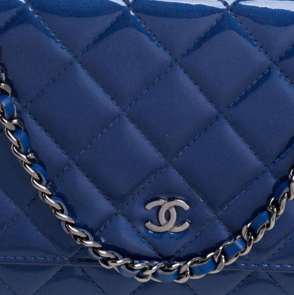 Chanel Blue Quilted Patent Leather Classic Wallet on Chain 6