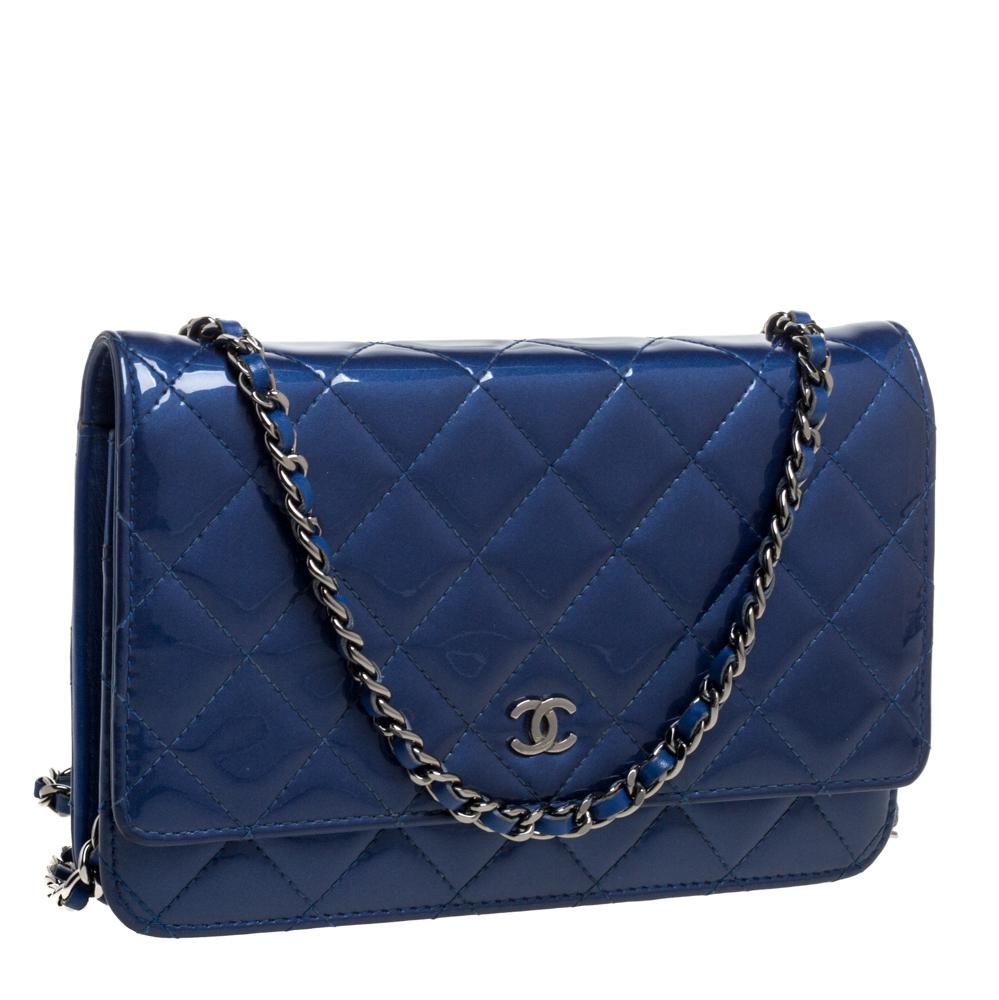 Women's Chanel Blue Quilted Patent Leather Classic Wallet on Chain