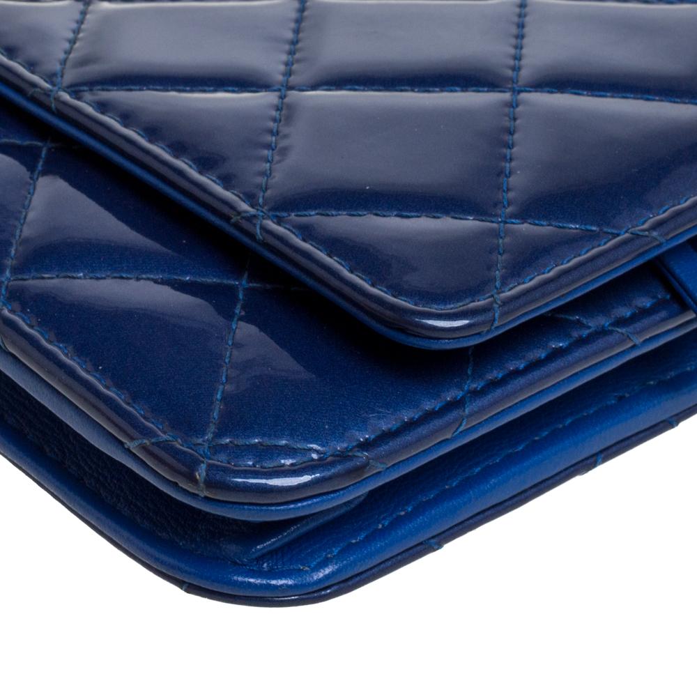 Chanel Blue Quilted Patent Leather Classic Wallet on Chain 4
