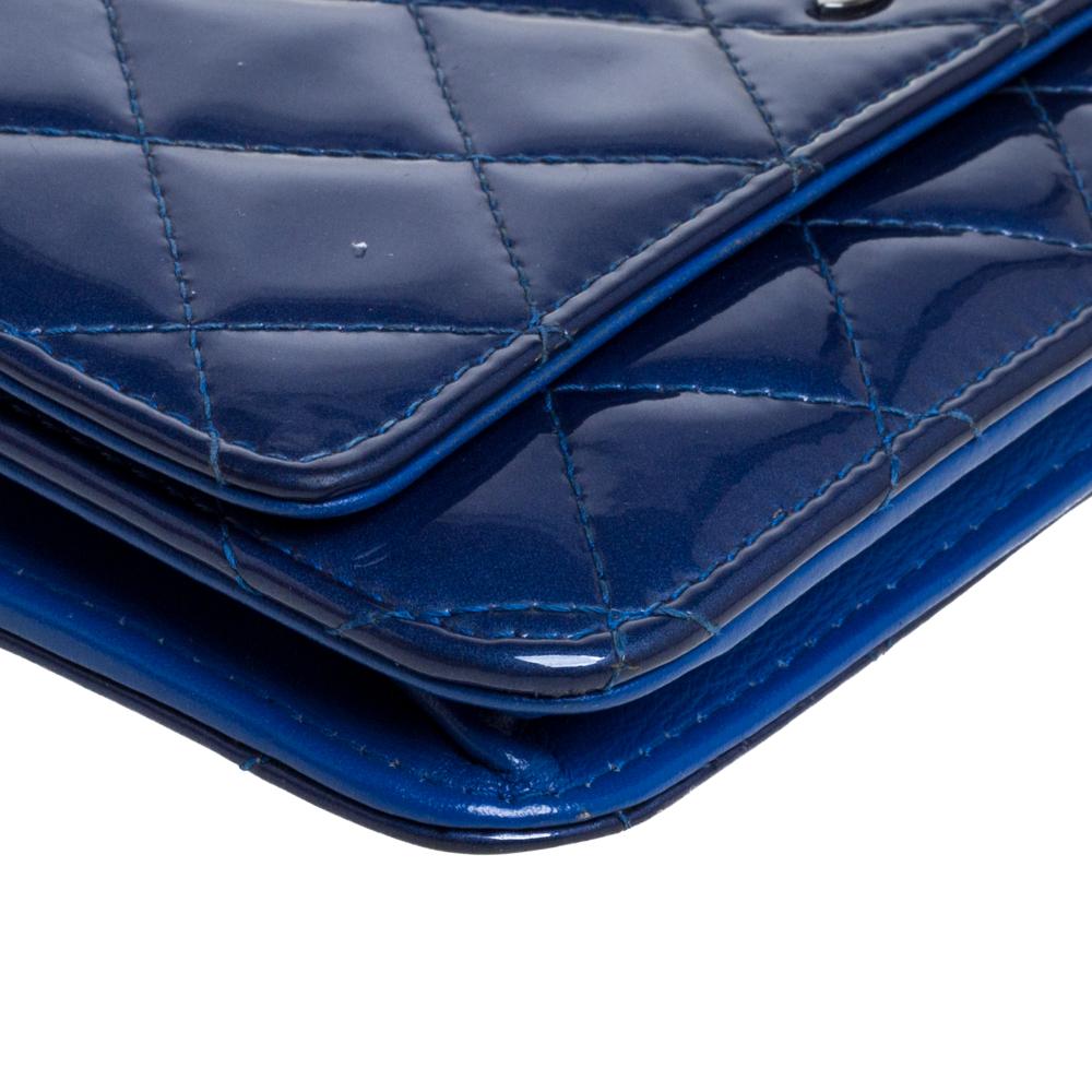 Chanel Blue Quilted Patent Leather Classic Wallet on Chain 5
