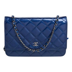 Chanel Blue Quilted Patent Leather Classic Wallet on Chain