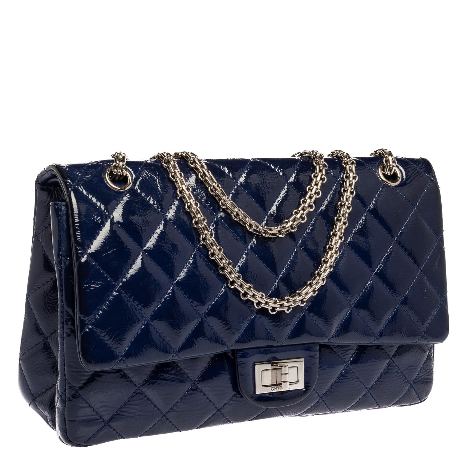Chanel Blue Quilted Patent Leather Jumbo Reissue 2.55 Classic 227 Flap Bag In Good Condition In Dubai, Al Qouz 2