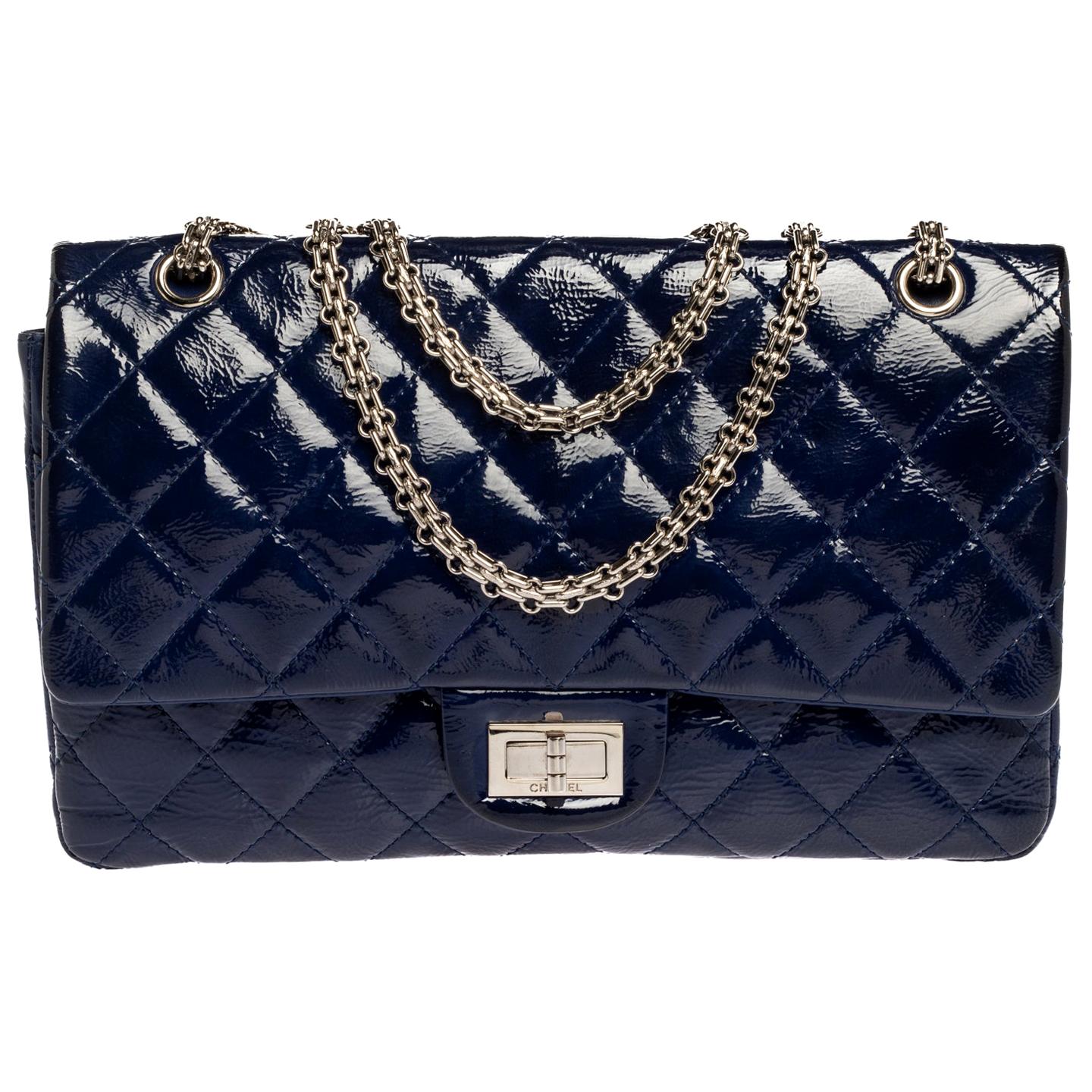 Chanel Blue Quilted Patent Leather Jumbo Reissue 2.55 Classic 227 Flap Bag