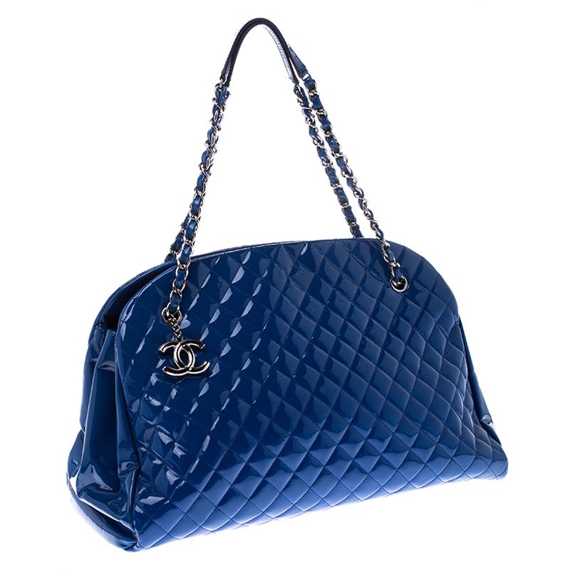 Chanel Blue Quilted Patent Leather Large Just Mademoiselle Bowler Bag In Good Condition In Dubai, Al Qouz 2