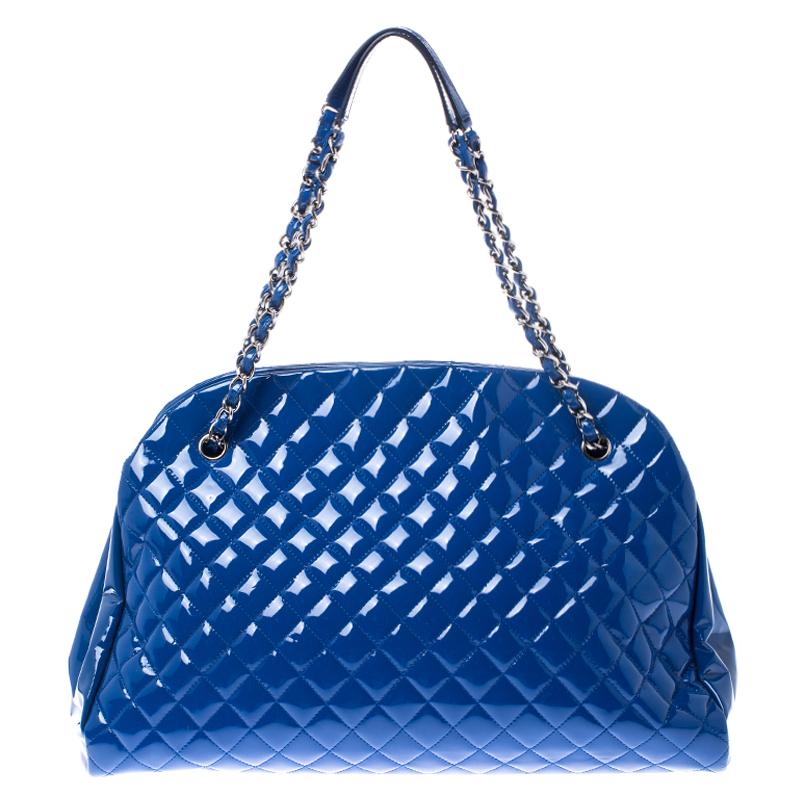 Women's Chanel Blue Quilted Patent Leather Large Just Mademoiselle Bowler Bag