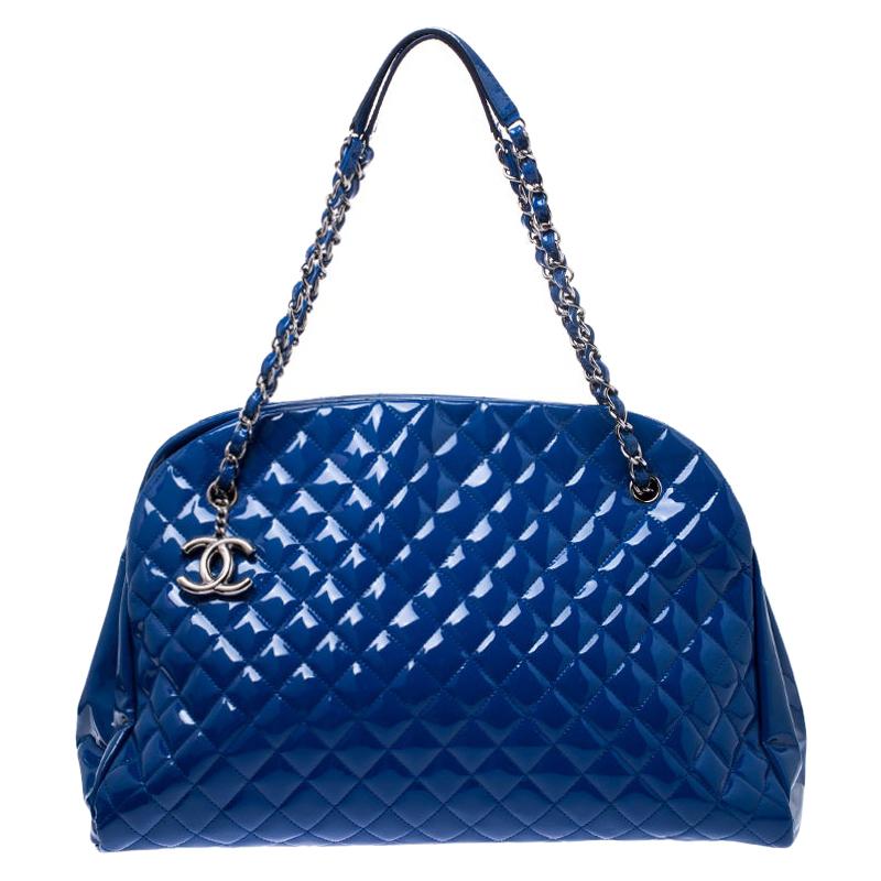 Chanel Blue Quilted Patent Leather Large Just Mademoiselle Bowler Bag