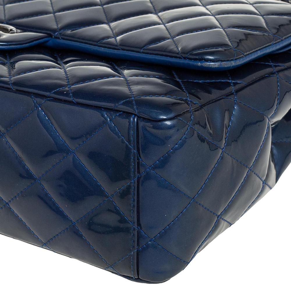 Chanel Blue Quilted Patent Leather Maxi Classic Double Flap Bag 6