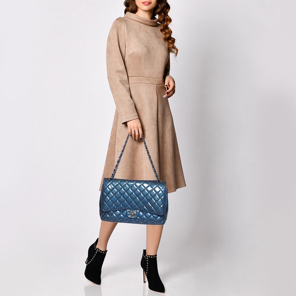 Black Chanel Blue Quilted Patent Leather Maxi Classic Double Flap Bag