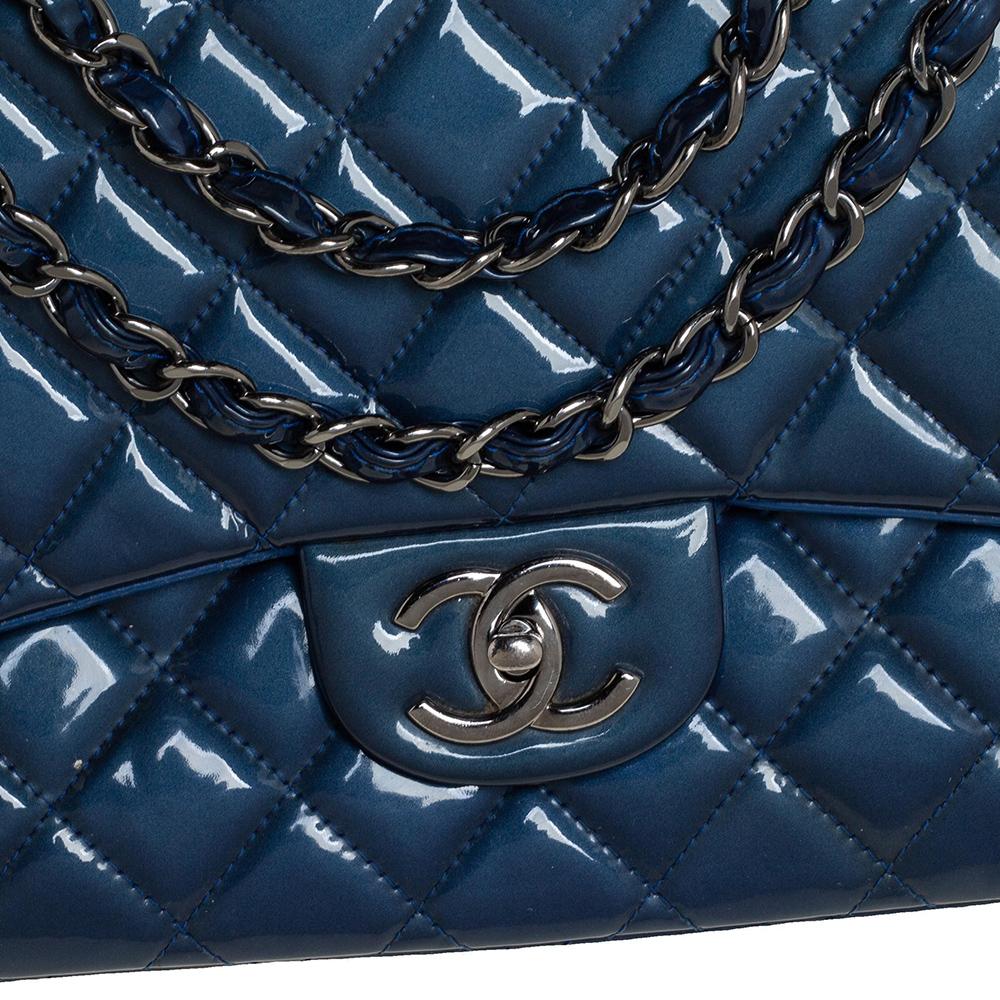 Chanel Blue Quilted Patent Leather Maxi Classic Double Flap Bag 1