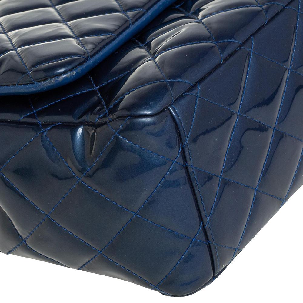 Chanel Blue Quilted Patent Leather Maxi Classic Double Flap Bag 2
