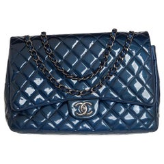 Chanel Blue Quilted Patent Leather Maxi Classic Double Flap Bag