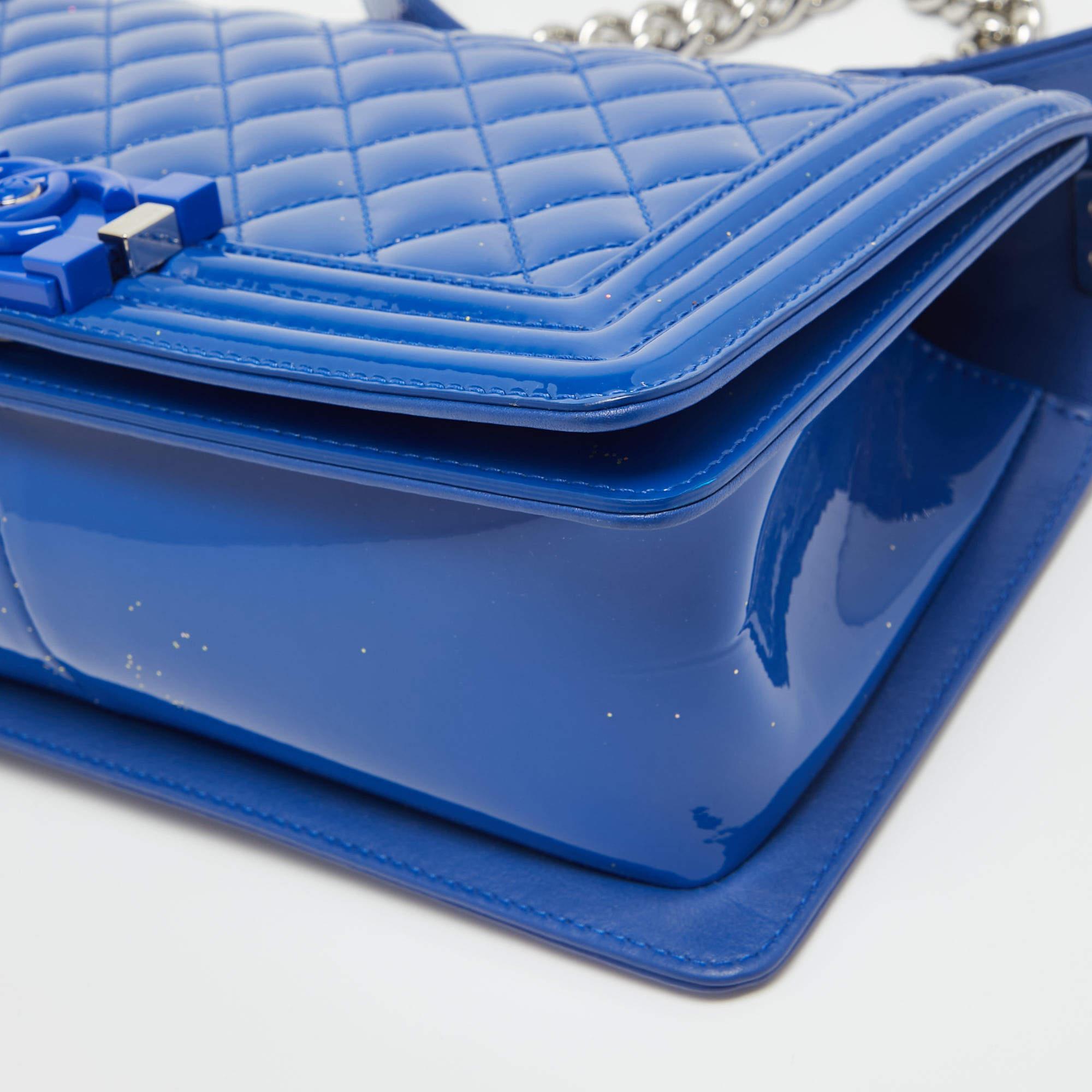 Chanel Blue Quilted Patent Leather Medium Boy Flap Bag 6