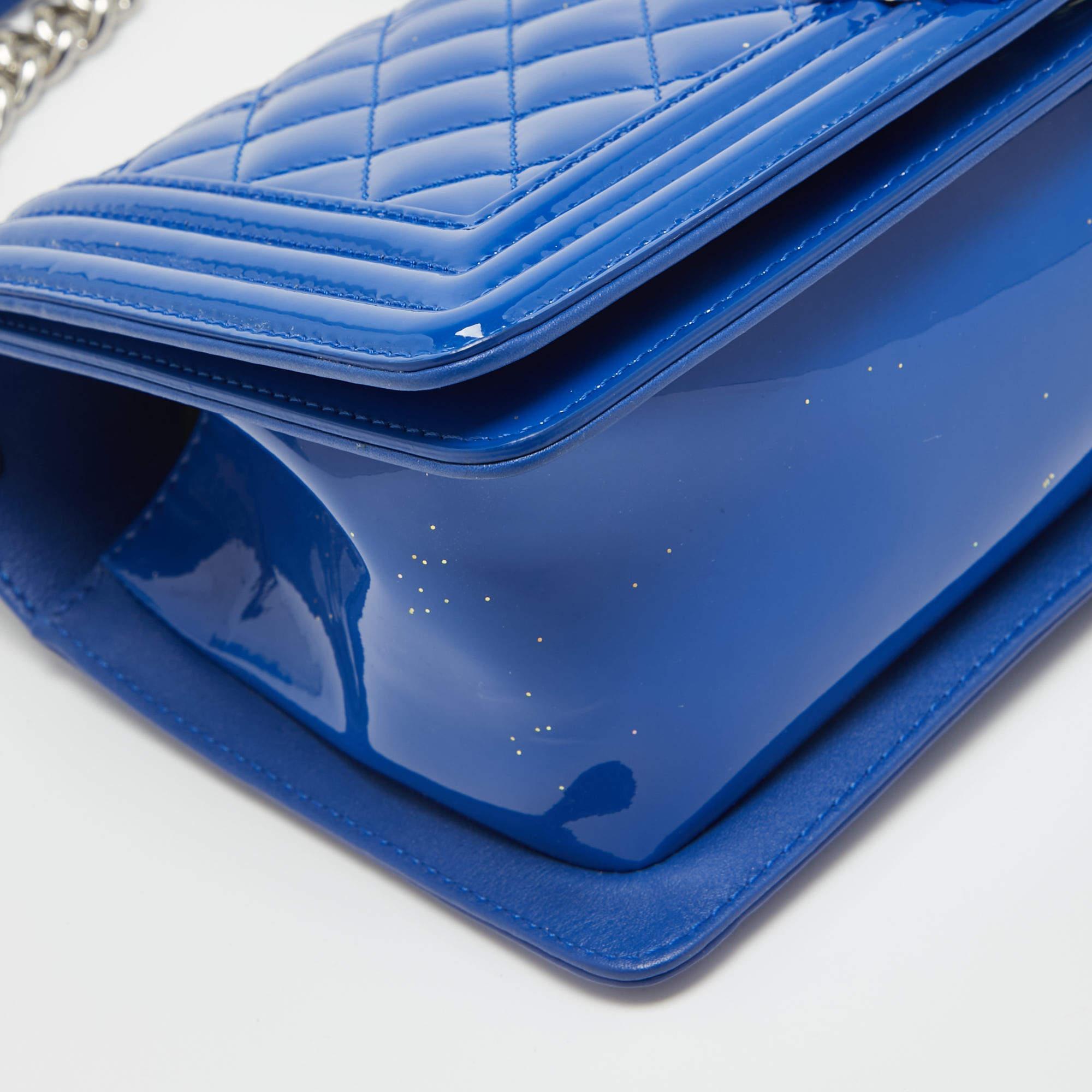 Chanel Blue Quilted Patent Leather Medium Boy Flap Bag 7