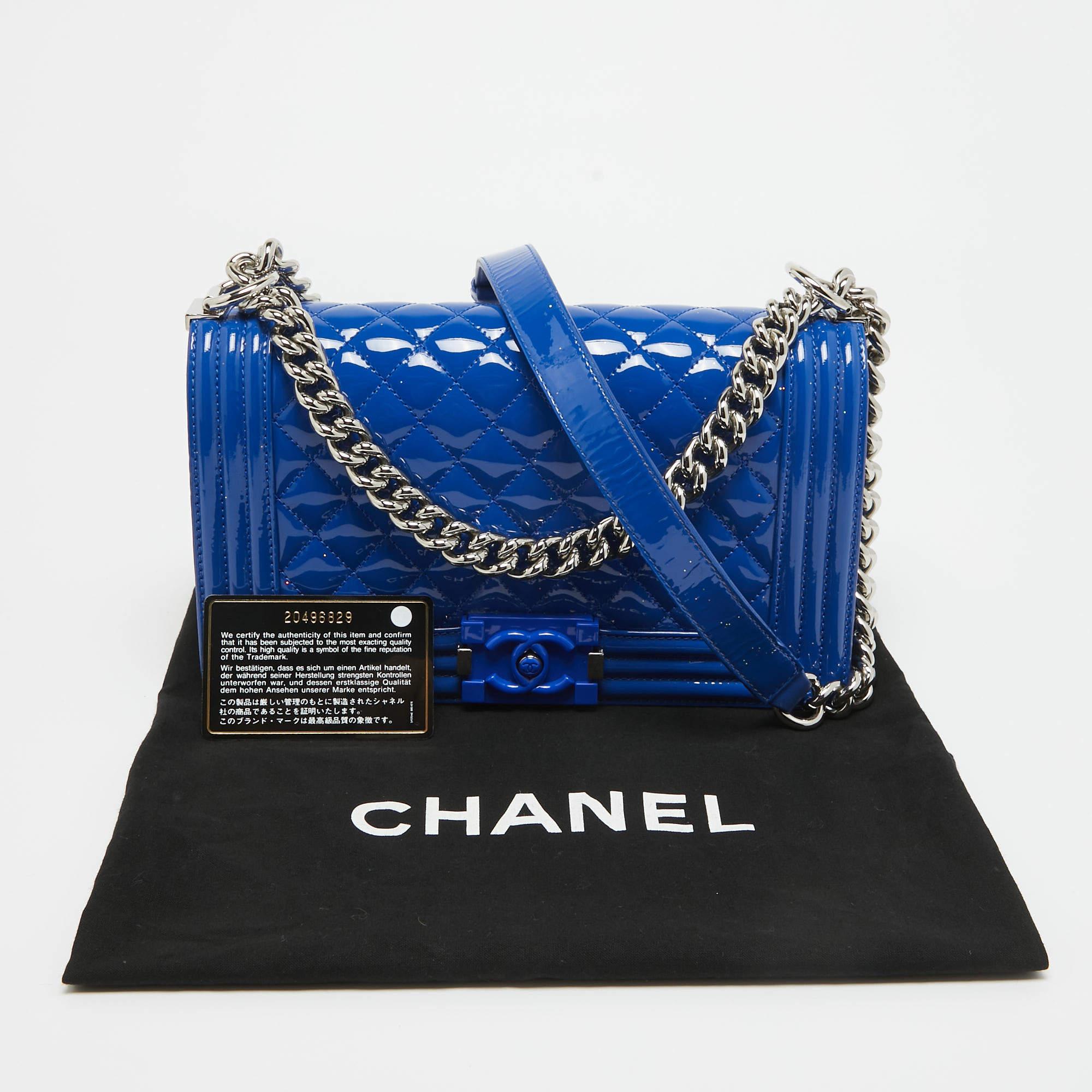 Chanel Blue Quilted Patent Leather Medium Boy Flap Bag For Sale 10
