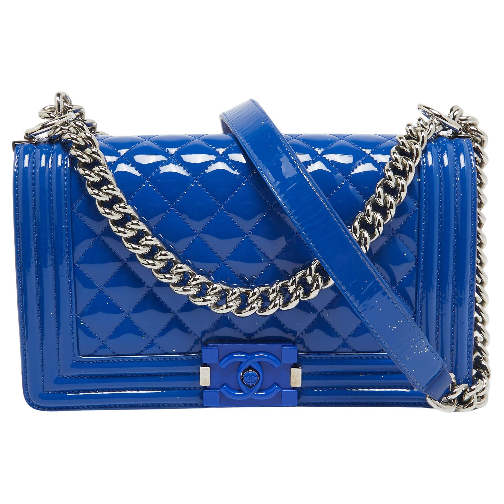 Chanel Blue Quilted Patent Leather Medium Boy Flap Bag For Sale