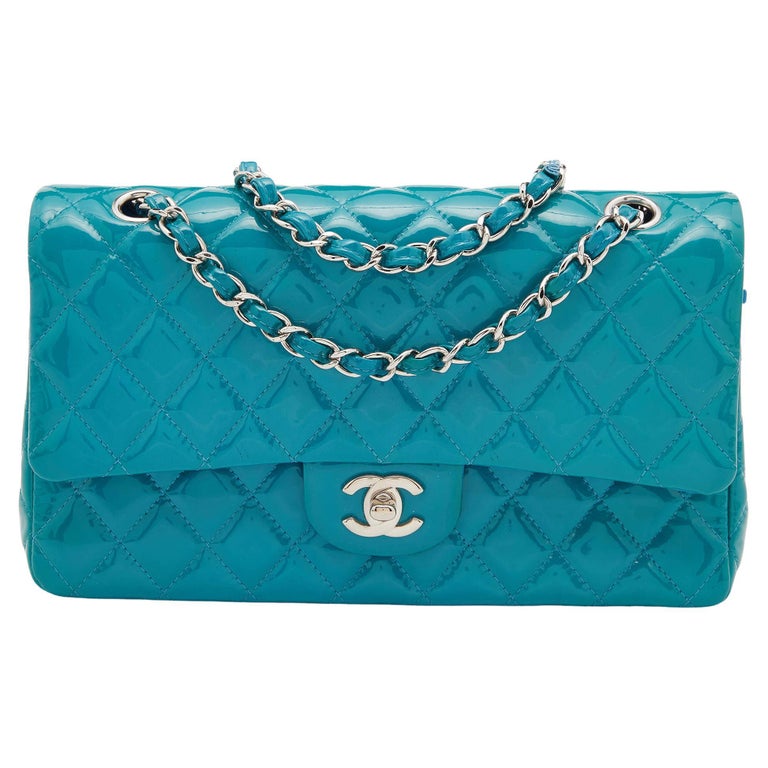 Chanel Blue Quilted Patent Leather Medium Classic Double Flap Bag at 1stDibs
