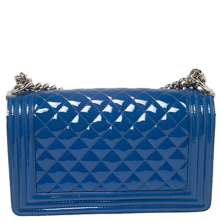 Chanel Blue Quilted Patent Leather Medium Plexiglass Boy Flap Bag at ...
