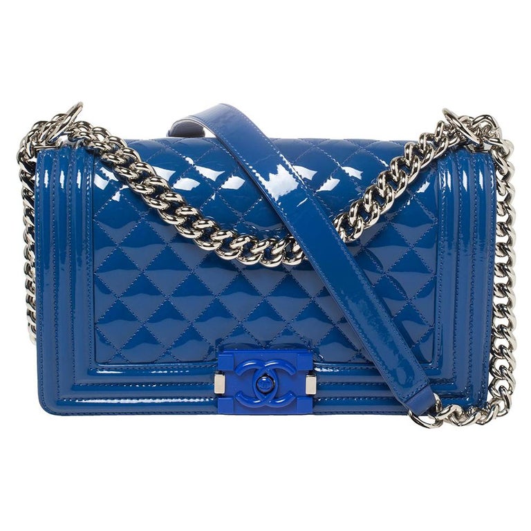 Chanel Blue Quilted Patent Leather Medium Plexiglass Boy Flap Bag at ...