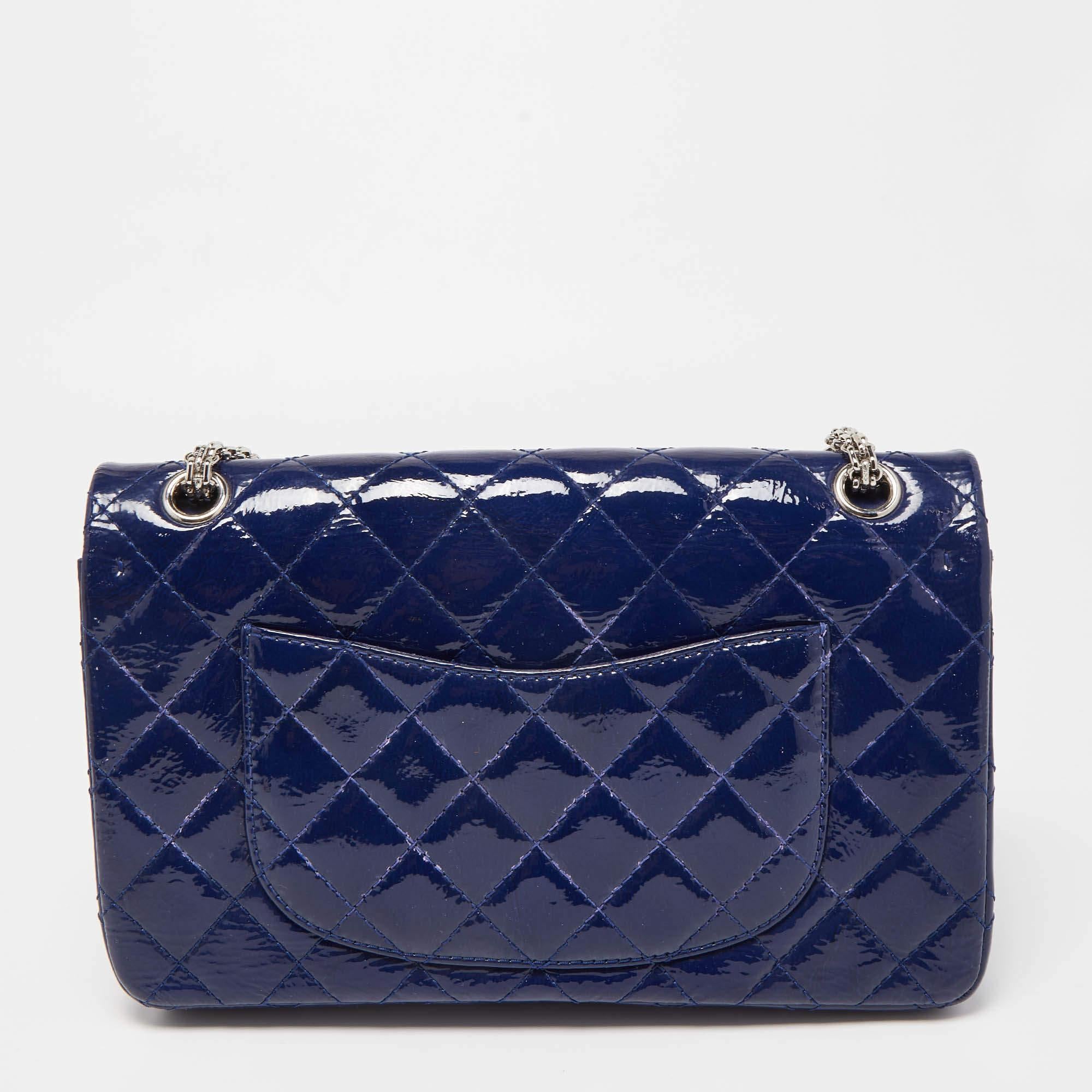 Chanel Blue Quilted Patent Leather Reissue 2.55 Classic 226 Flap Bag For Sale 9