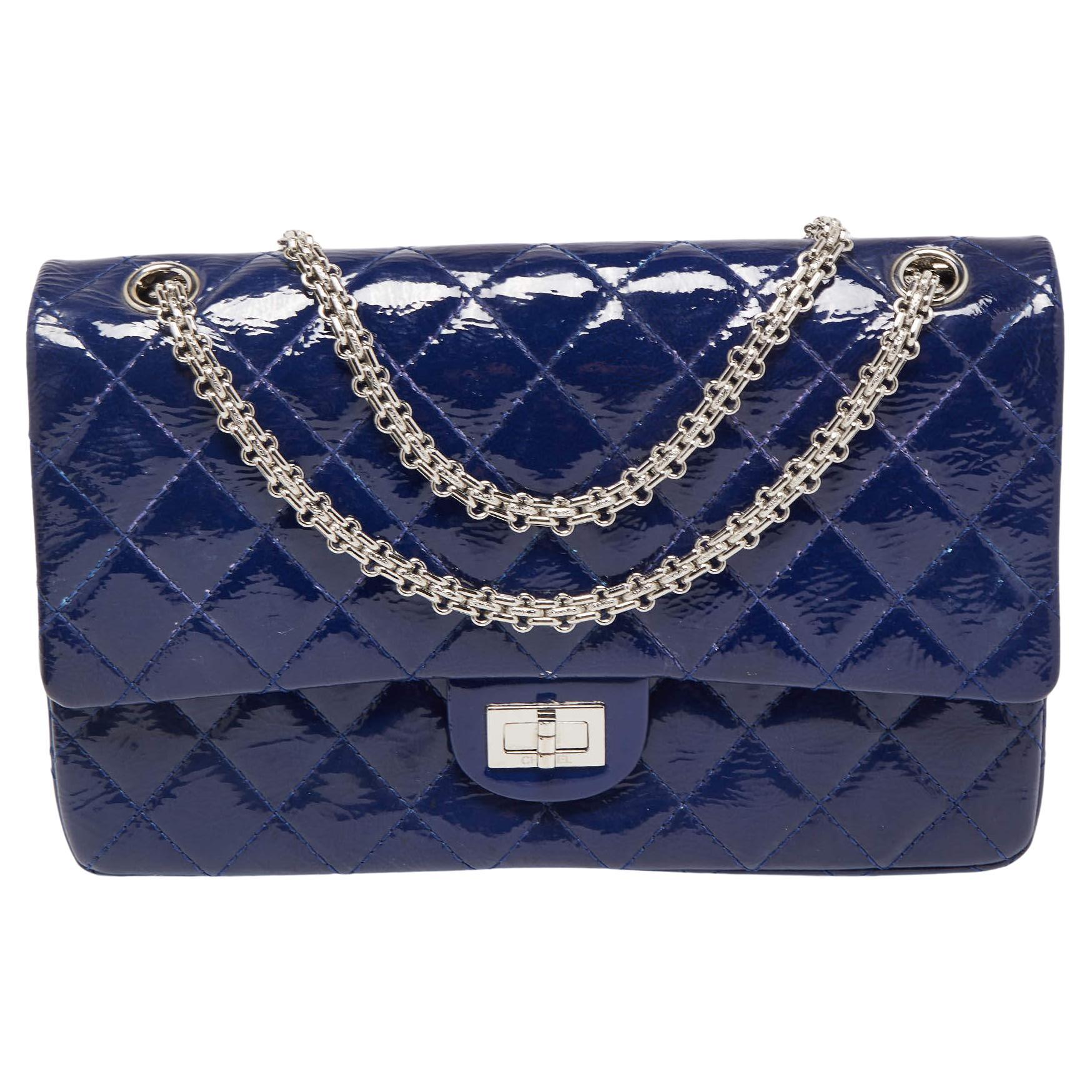 Chanel Blue Quilted Patent Leather Reissue 2.55 Classic 226 Flap Bag For Sale